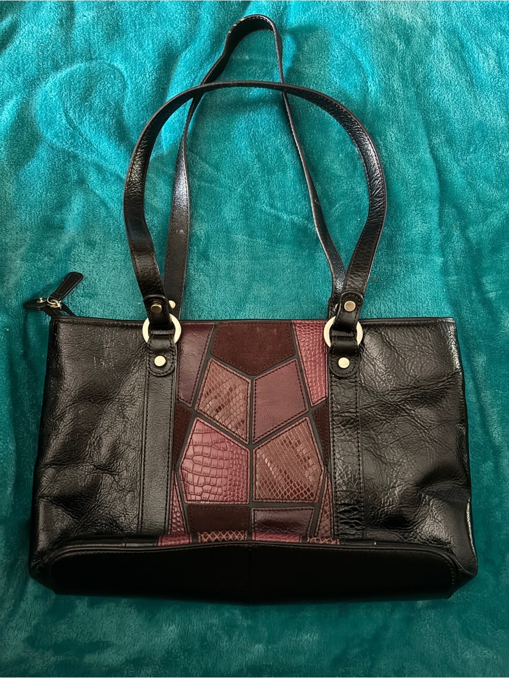Etienne Aigner Black and Burgundy Patchwork Shoulder Bag